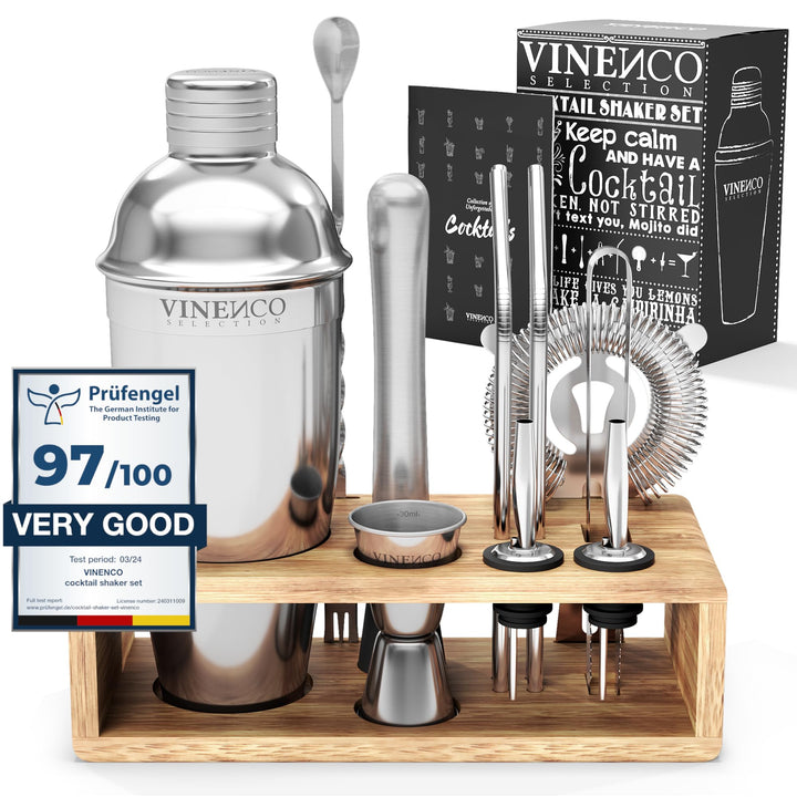 Cocktail Shaker Set mit Ständer & Rezeptbuch: Premium Edelstahl Bar Cocktailset Cocktailshaker Messb
