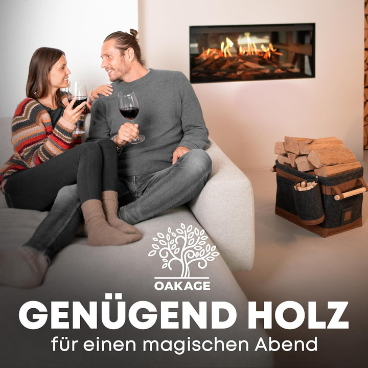 OAKAGE® Holzkorb für Kaminholz Gross mit Zündholzkorb [Schmutzabweisendes Innenfutter und Lederboden