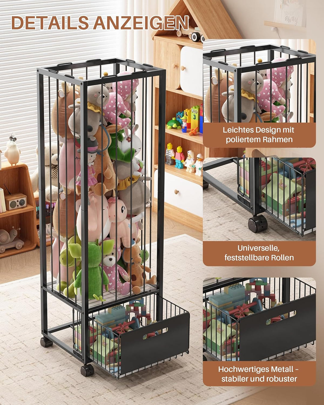 UMDONX Kuscheltier Aufbewahrung mit Schublade, 360° Bremsräder & platzsparend Design, Stofftier Orga