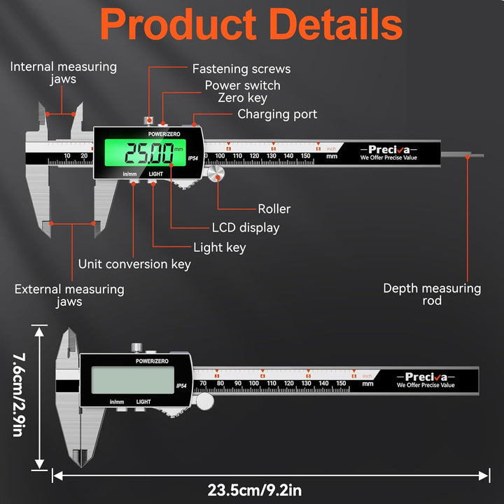 Digitaler Messschieber (wiederaufladbar), Preciva 150 mm Schieblehre Digital Edelstahl, elektronisch