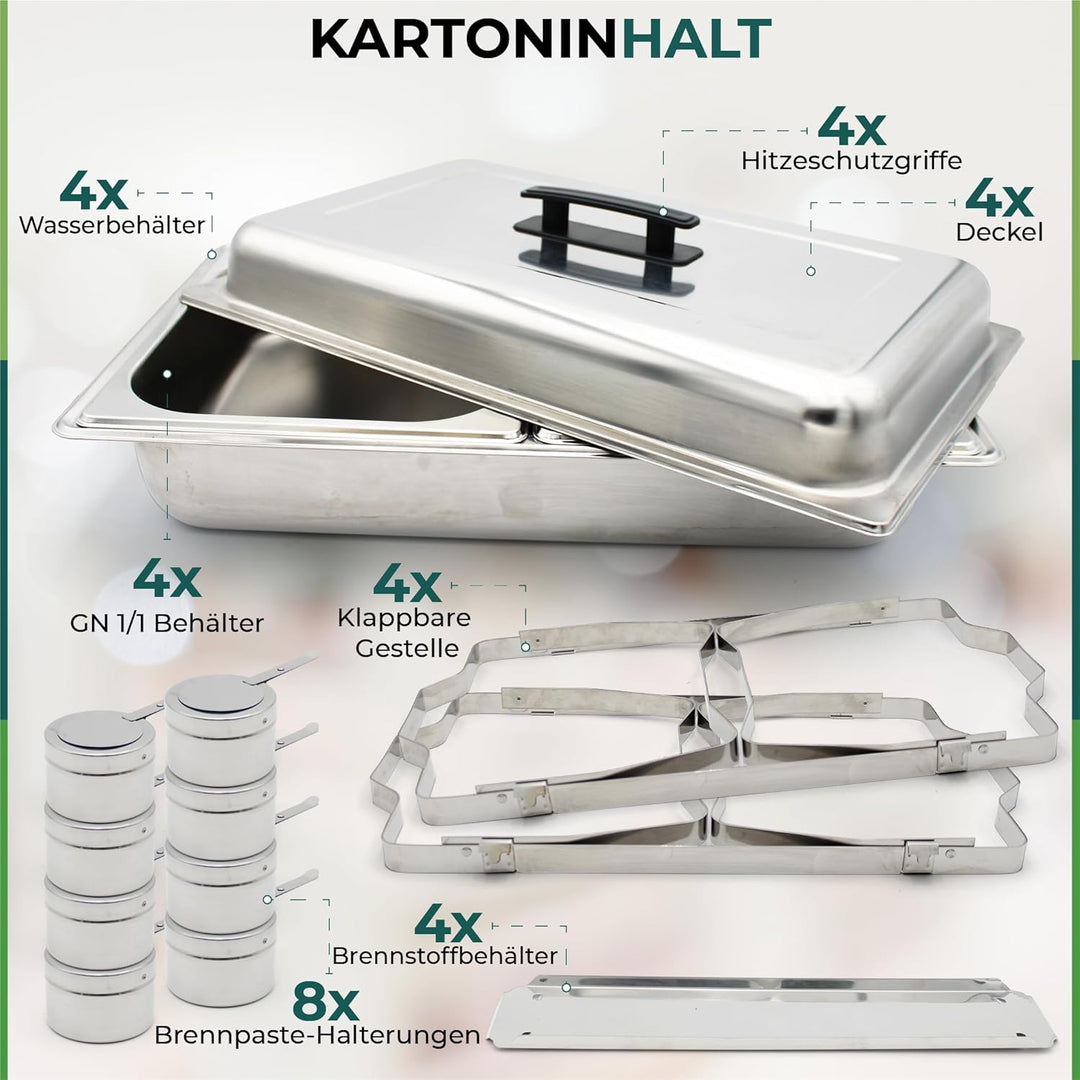 Set mit 4 Speisenwärmern LEUTHERIA - Chafing Dish aus lebensmittelechtem Edelstahl für Buffet/Profes