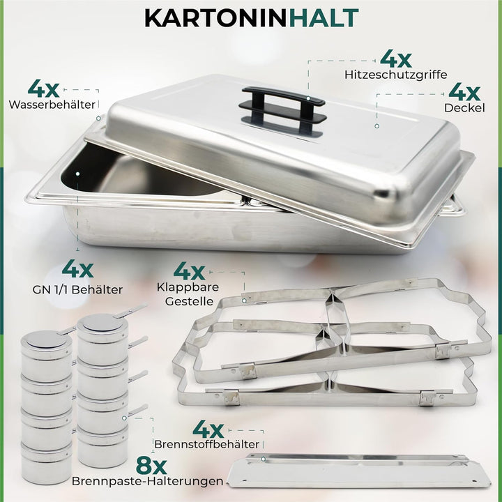 Set mit 4 Speisenwärmern LEUTHERIA - Chafing Dish aus lebensmittelechtem Edelstahl für Buffet/Profes