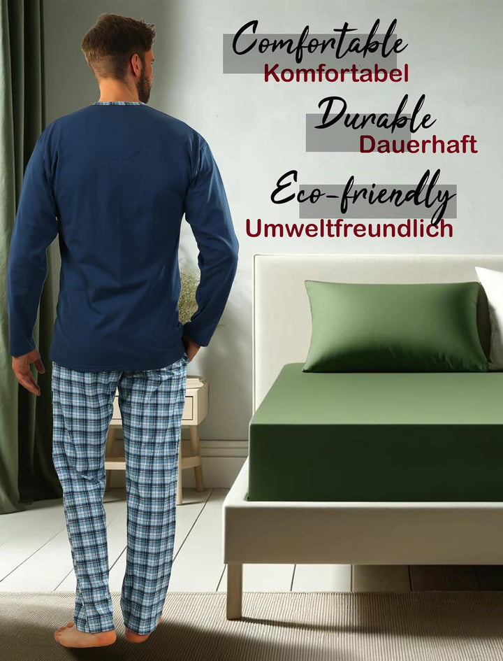 sesto senso Herren Schlafanzug Lang Baumwolle Pyjama Langarm Shirt mit Tasche Pyjamahose Zweiteilig