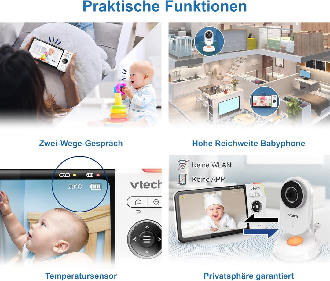 VTech VM818 HD Babymonitor – Video-Babyphone mit Weitwinkelkamera – HD-Video, klarer Sound, 5" LCD-F