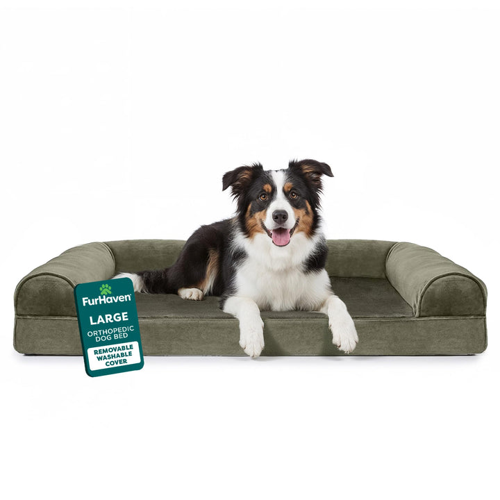 Furhaven Large Orthopedic Dog Bed Faux Fur & Velvet Sofa-Style w/ Removable Washable Cover - Dark Sa