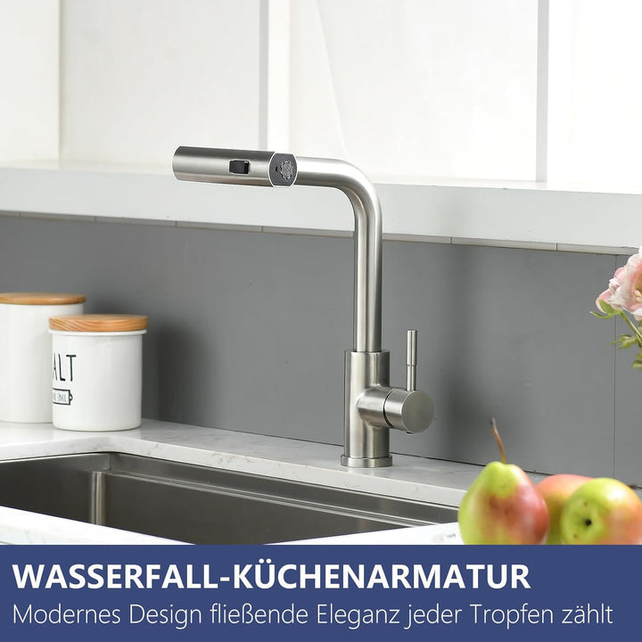 AIMADI Küchenarmatur ausziehbar,Wasserhahn Küche mit 3-Wege-Duschbrause & 38cm Schlauch, Einhebelmis