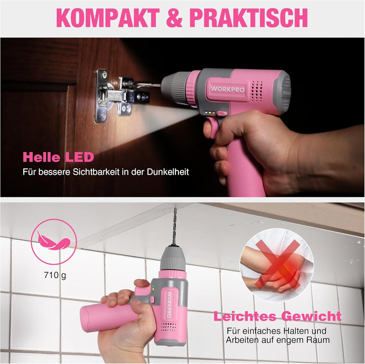 WORKPRO 8V Akku Bohrschrauber Set, Akkuschrauber, 2000 mAh Akku Bohrmaschine, 12 Nm Drehmoment, 10mm