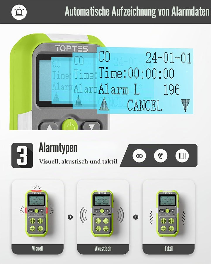 TopTes Guard-101 Gasmelder, 4 Gasmelder Für H2S, CO, LEL Und O2, Mit Vibration, Licht- Und Tonalarm,