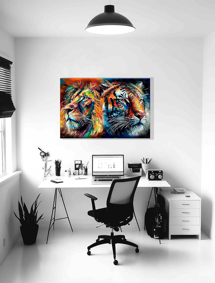 Artley Prints - Löwe und Tiger Collage Bunte Leinwandbilder für Wohnzimmer - Wandkunst für Schlafzim
