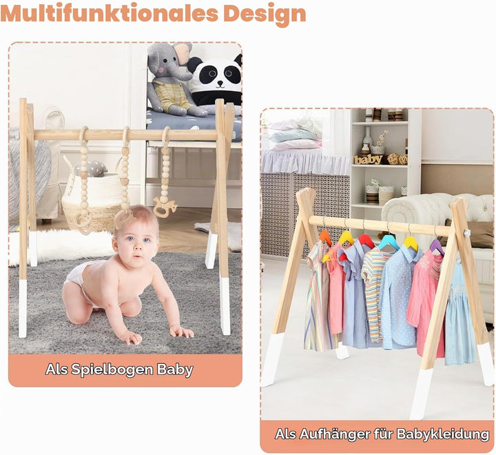 LIFEZEAL Spieltrapez Holz, Babyspielgerät Mit 3 Spielzeugen, Holzspielzeug, Turnhalle Klappbar für B