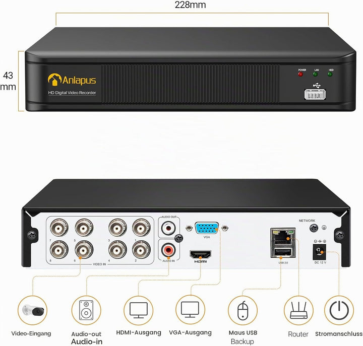 Anlapus 8 Kanal 1080P HD DVR Netzwerk Video Recorder Aufzeichnungsgerät mit 1TB Festplatte, Unterstü
