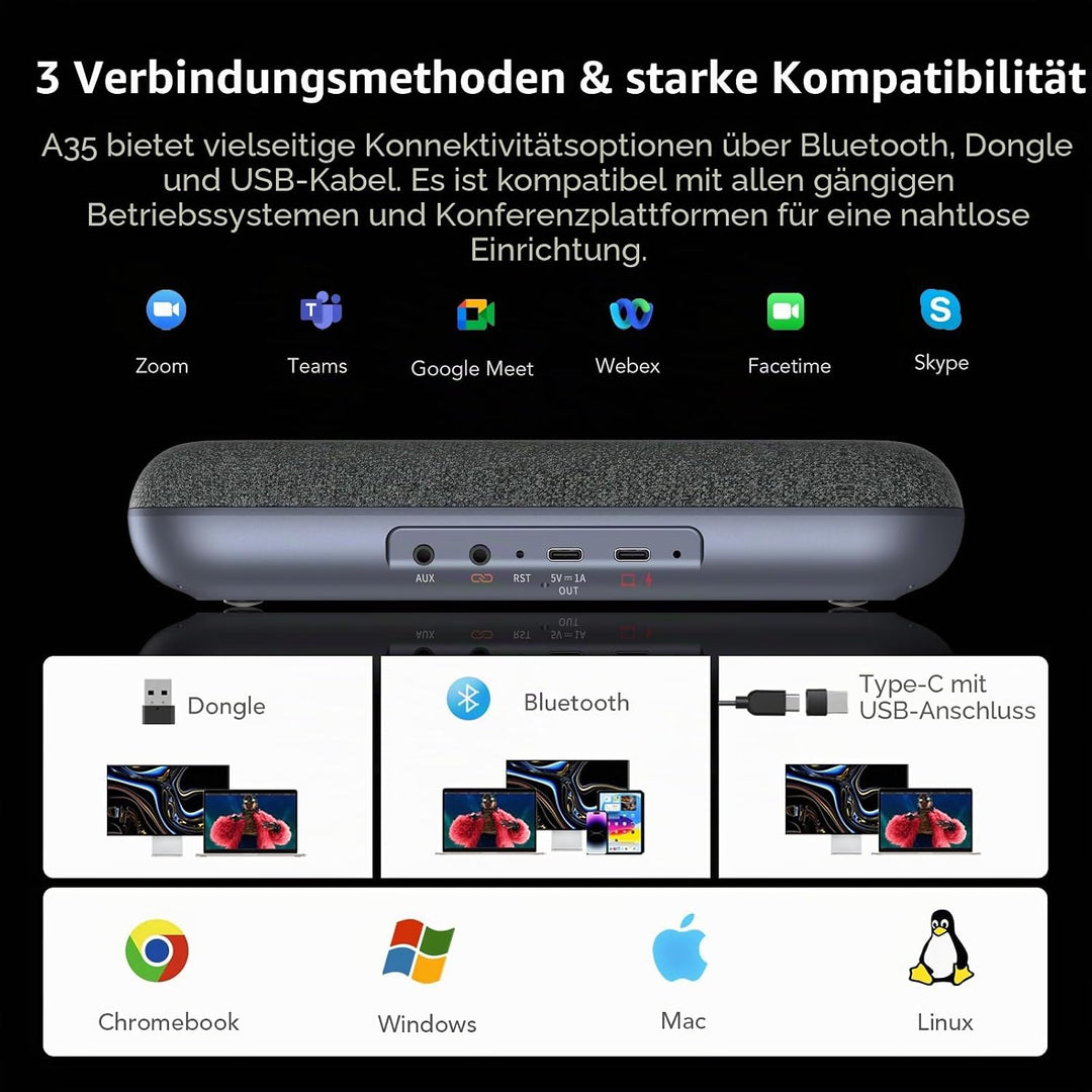 Nuroum A35 Konferenzlautsprecher und Mikrofon, AI-Powered Noise Cancelling, 32kHZ 13ft Voice Pickup/