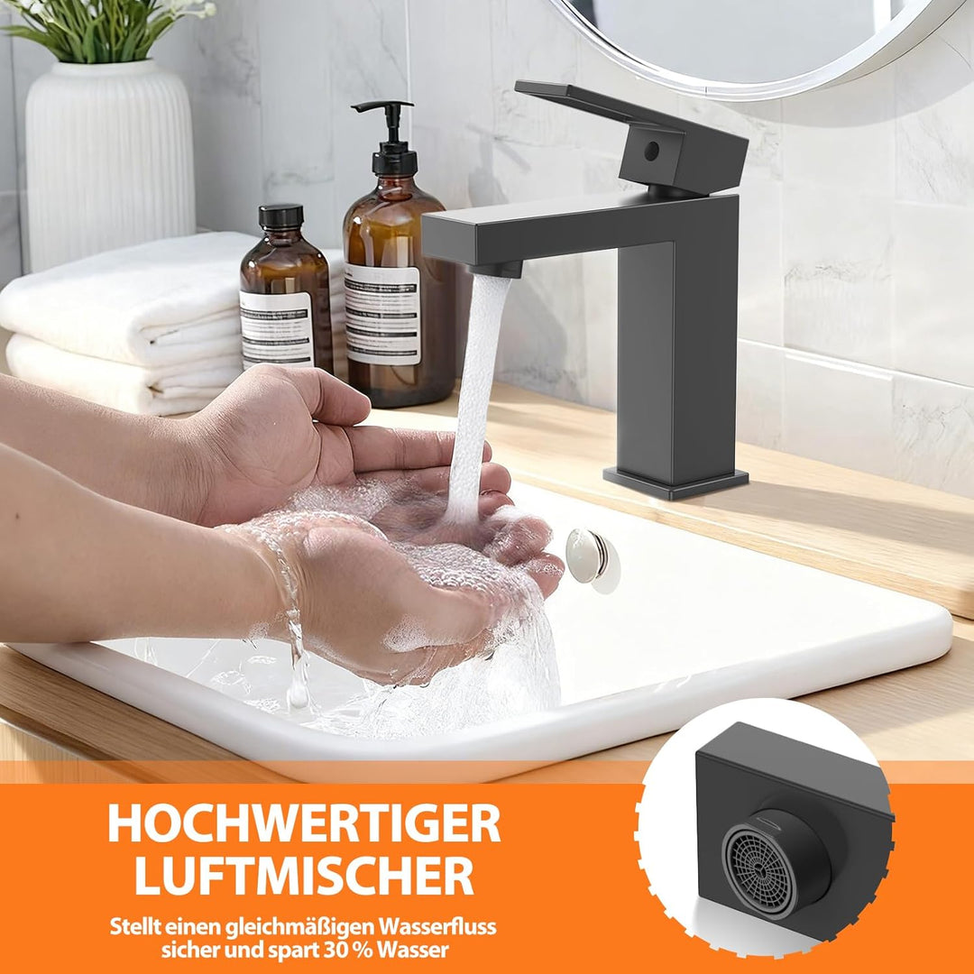 Wasserhahn Bad Einhebel-Waschtischarmatur, HURRAN Wasserhahn Badezimmer Schwarz Matt, Waschbeckenhah