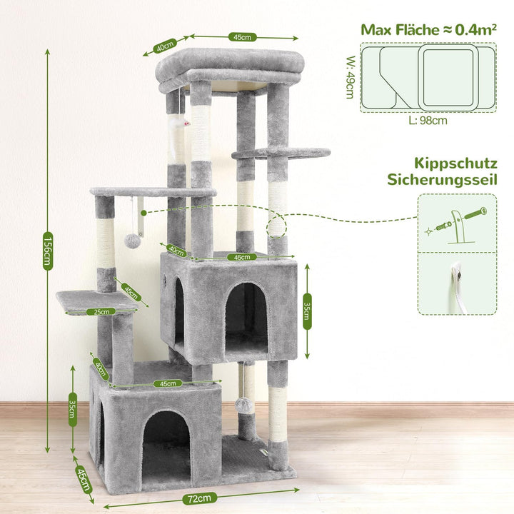 Globlazer Kratzbaum für 3-5 Grosse Katzen 156 cm mit 2 Extragross Katzenhaus 45 * 40 * 35CM, Grosse