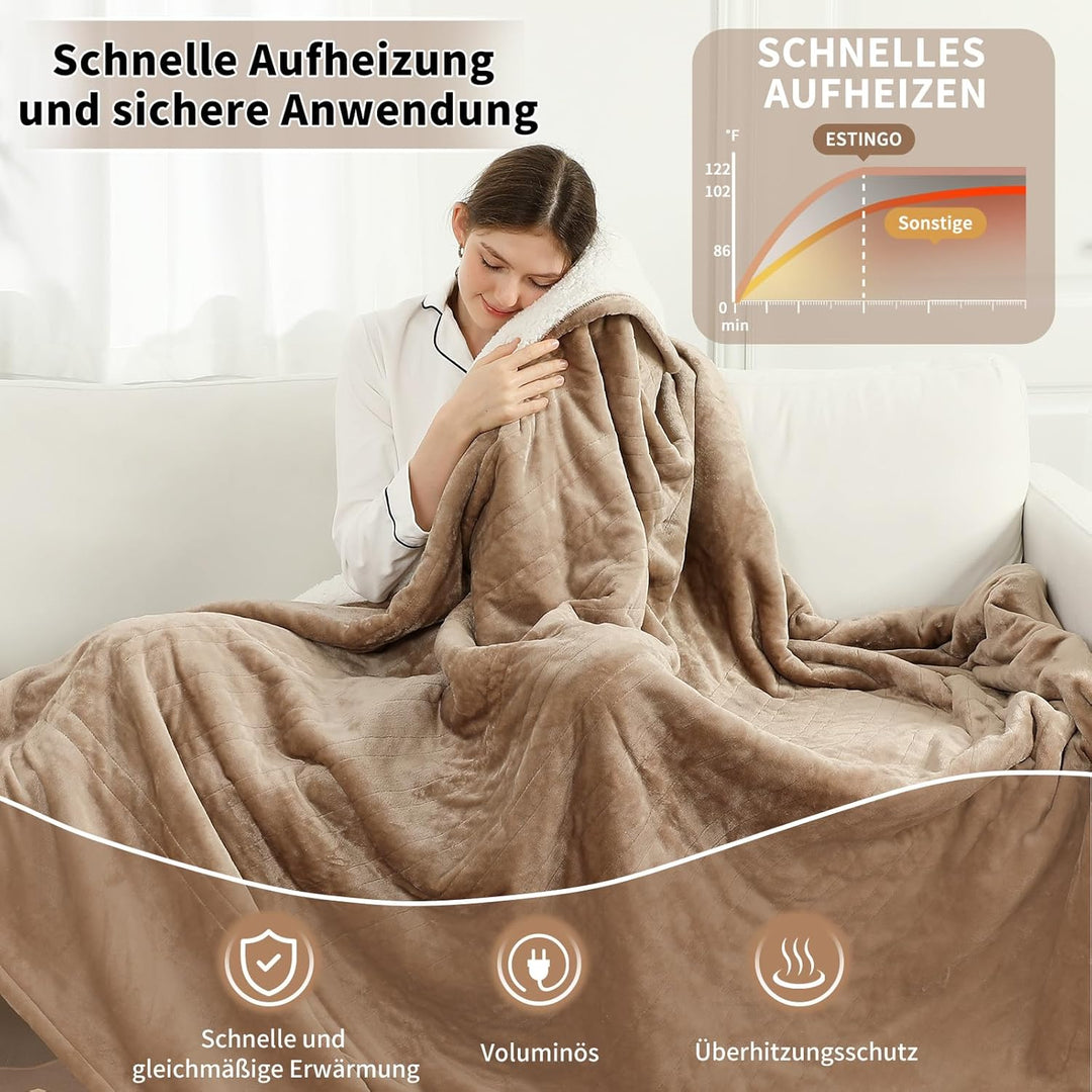 ESTINGO Elektrische Wärmedecke 200x150cm, Grosse Luxuriöse Beheizbare Decke, 6 Heizstufen, 10h Timer