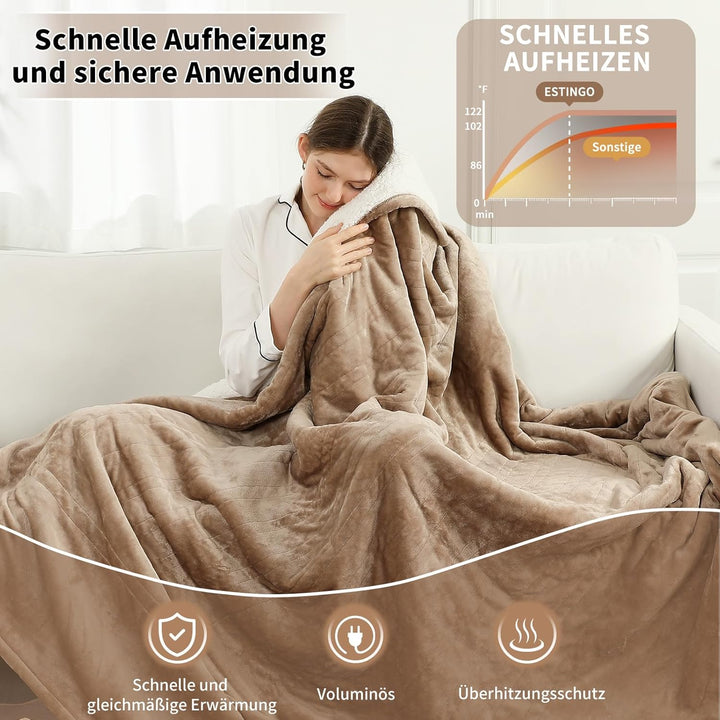 ESTINGO Elektrische Wärmedecke 200x150cm, Grosse Luxuriöse Beheizbare Decke, 6 Heizstufen, 10h Timer
