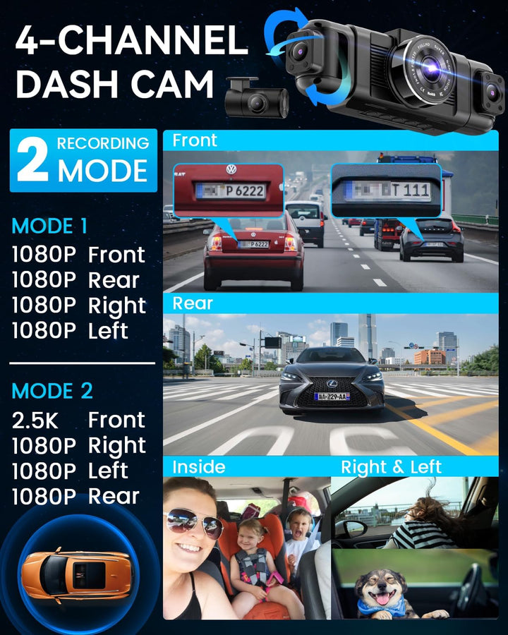 IIWEY N5 Dashcam 4-Kanal 360° Kamera für Auto – 1080P Front, Hinten, Innen, Seiten – Nachtsicht, G-S