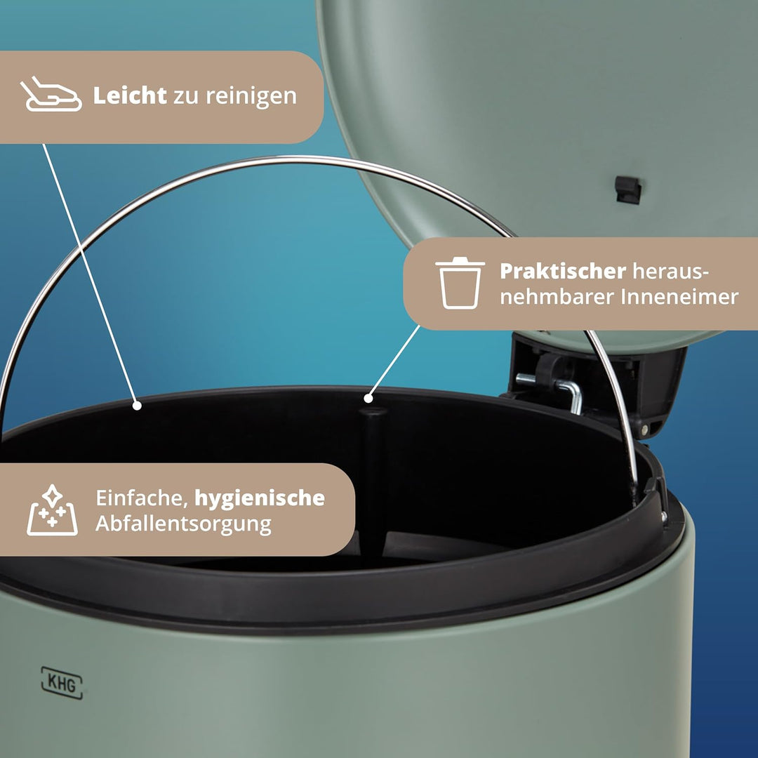 KHG Mülleimer 20 L Grün mit Softclose-Deckel & Tretfunktion - Pulverbeschichteter Metall-Abfalleimer