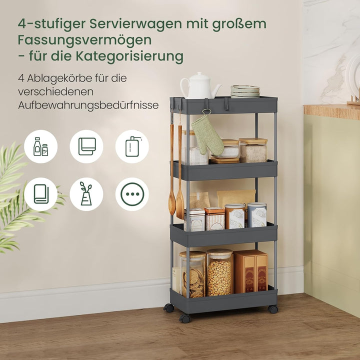 Servierwagen mit 4 Ebenen, Küchenwagen Nischenwagen Nischenregal mit Rollen, durchbrochendem Design,