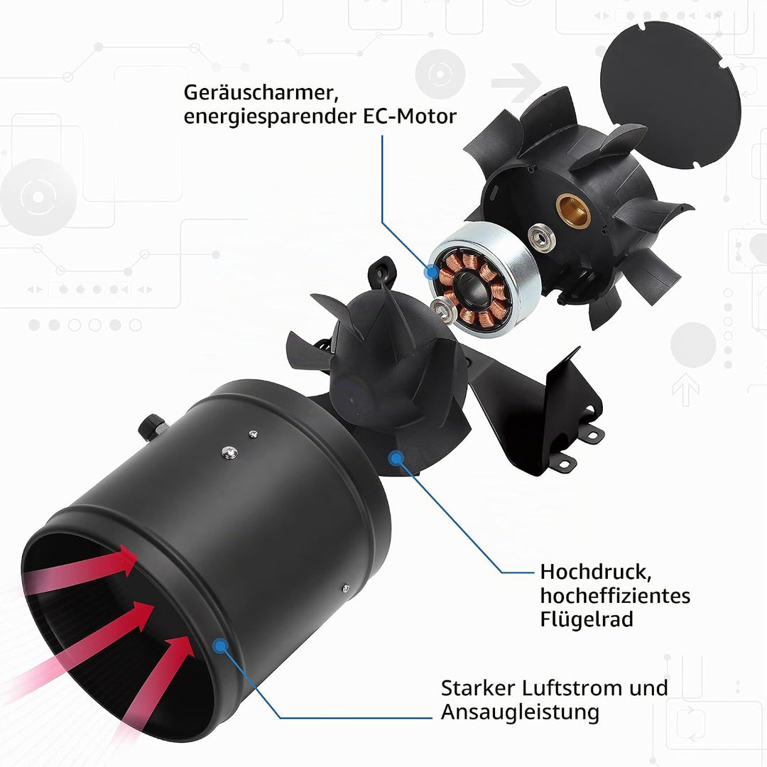 Rohrventilator 150mm Regelbar, 594m³/h Inline-Kanalventilator Abluftventilator Ideal Rohrlüfter für