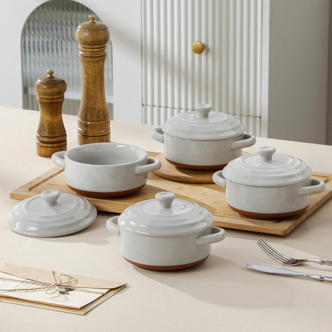 MALACASA Mini Cocotte Set 440 ml, 4 Stück Auflaufform Klein aus Steingut mit Deckel und Griffen, für