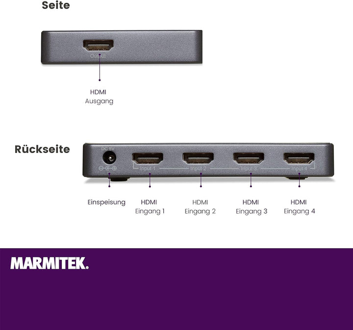 HDMI Switch 4K - Marmitek Connect 620 UHD 2.0 - 4 ein / 1 aus - Ultra HD 60Hz - Automatische Umschal