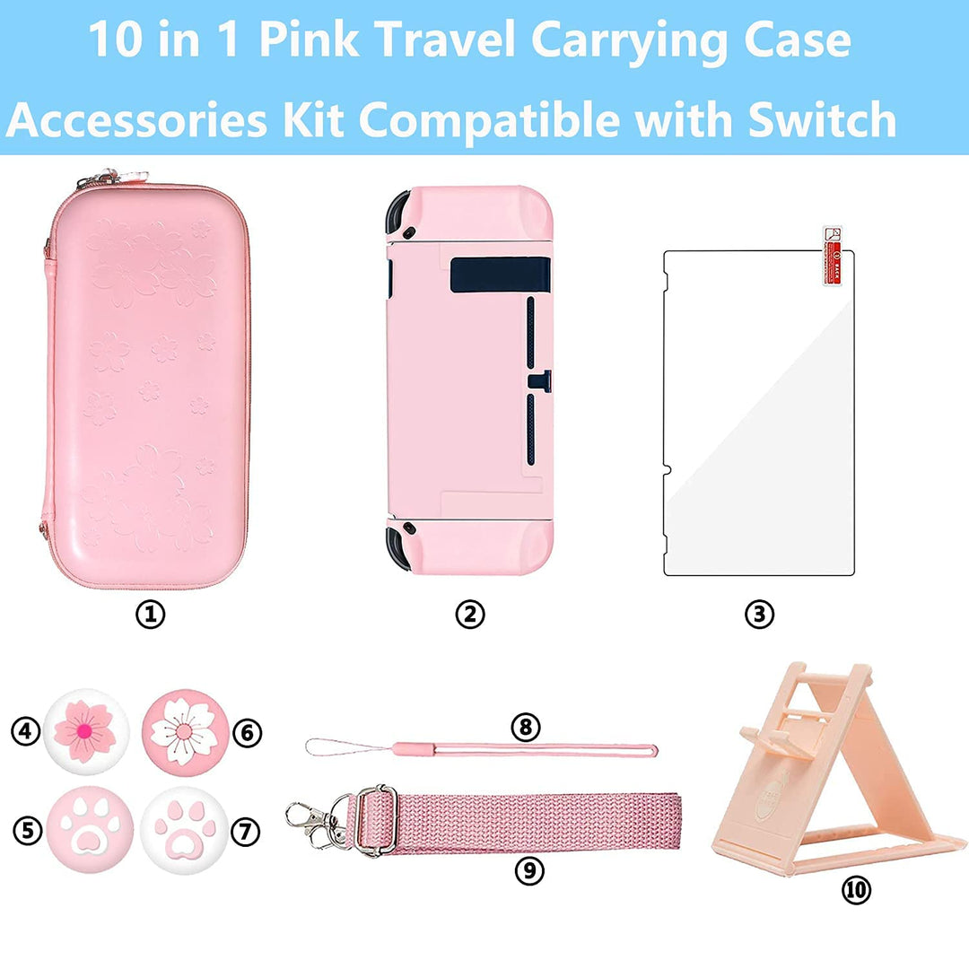 OLDZHU Rosa Reisezubehör Set Kompatibel mit Nintendo Switch,10 in 1 mit Rosa Tragetasche für die Swi