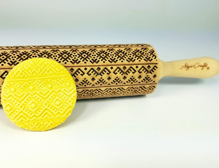 ETHNOBAND Nudelholz für hausgemachtes Gebäck und Keramik. Teigroller mit Volksmotiv für Teig & Plätz