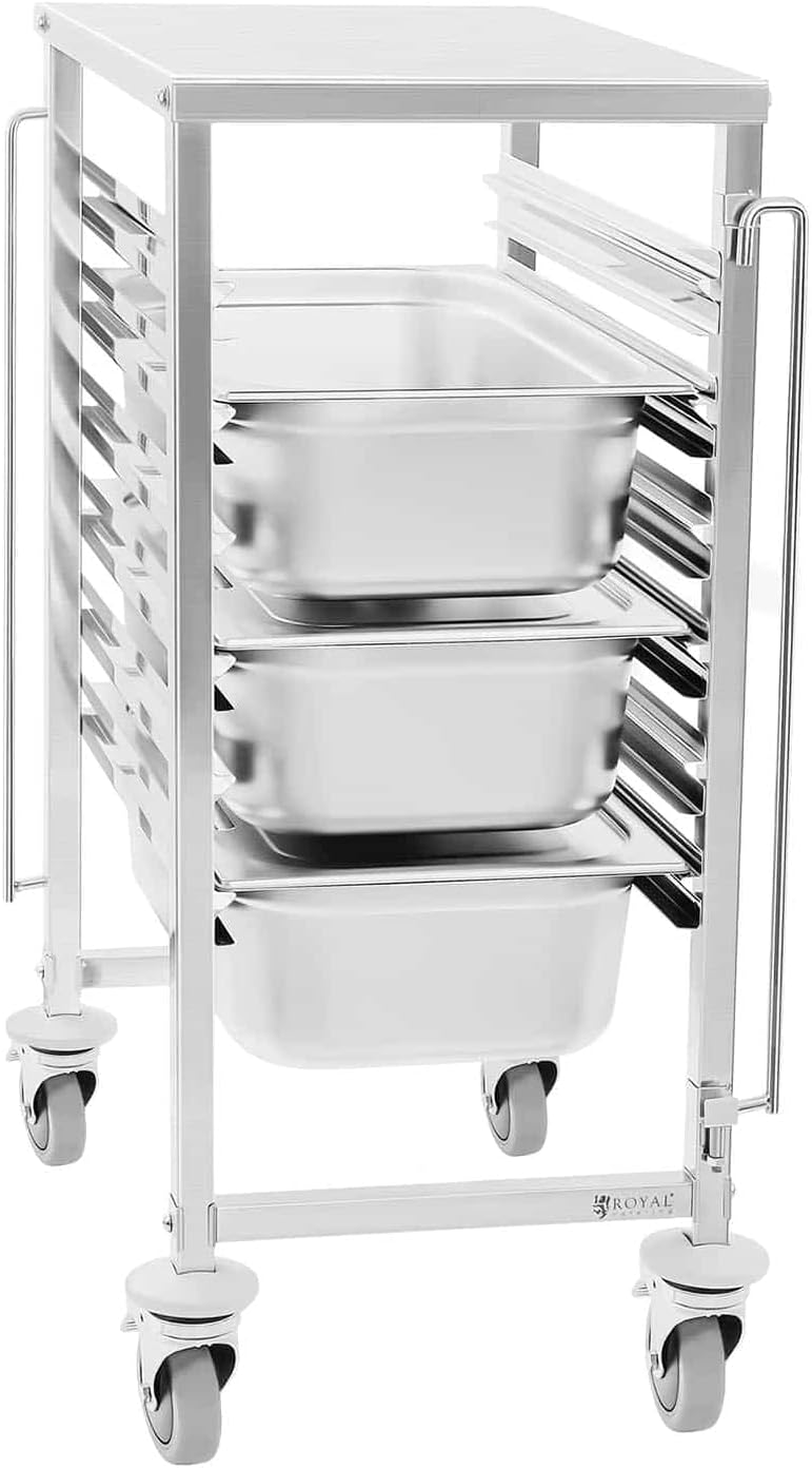 Royal Catering RCTW 6 GN 1/1 Tablettwagen 80 mm Abstand Edelstahl 6 Einschübe Quereinschub Räder mit