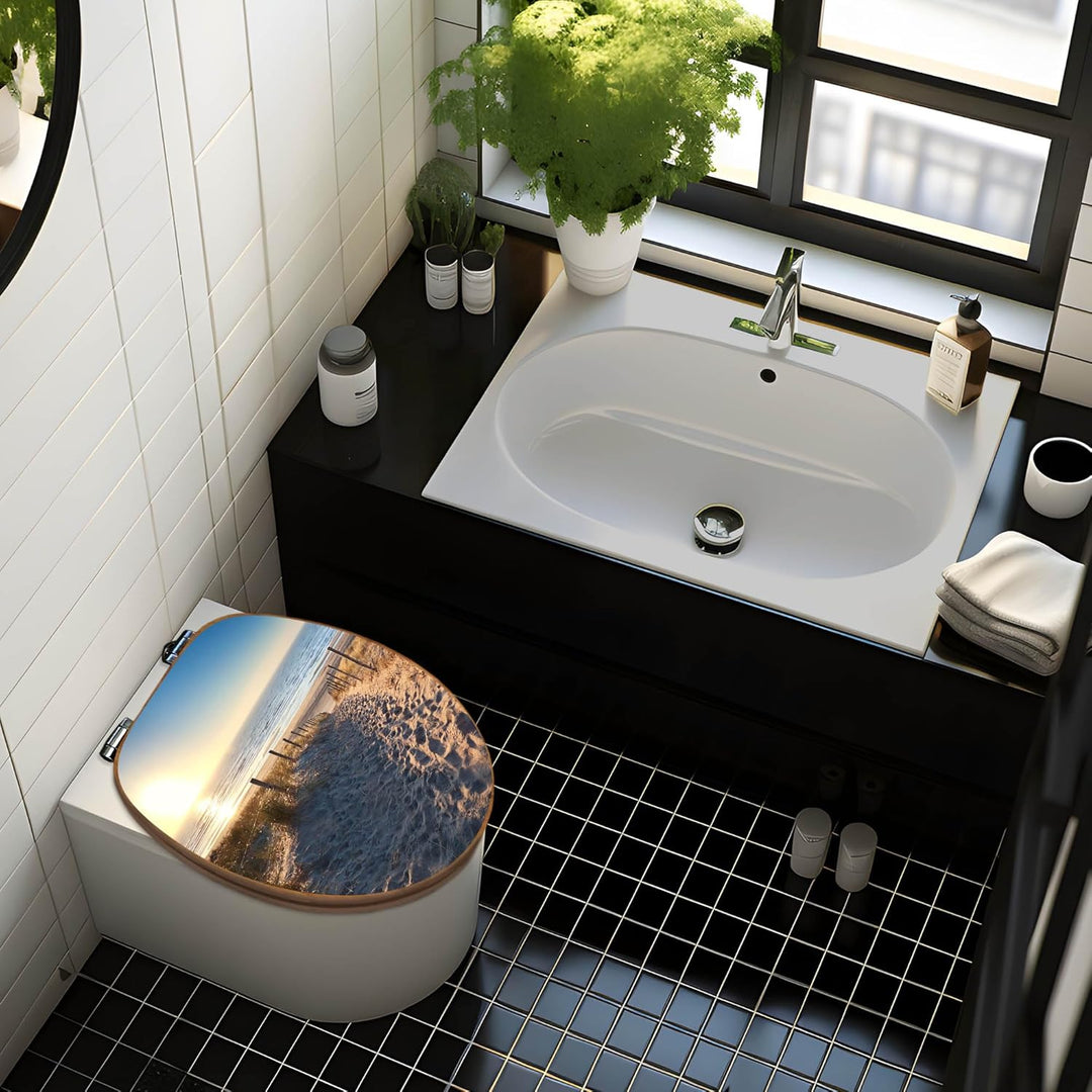 banjado® Design WC Sitz Bambus Absenkautomatik mit Motiv Nordseestrand/Toilettendeckel mit Absenkaut