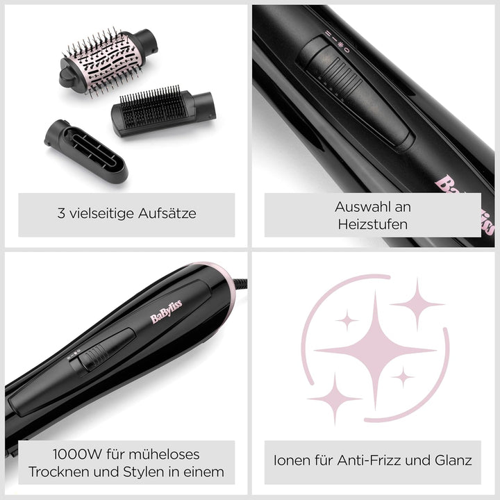 BaByliss Style Smooth 1000, 3-in-1 Warmluftbürste zum Föhnen, Glätten und für Volumen, 1000W, AS128E