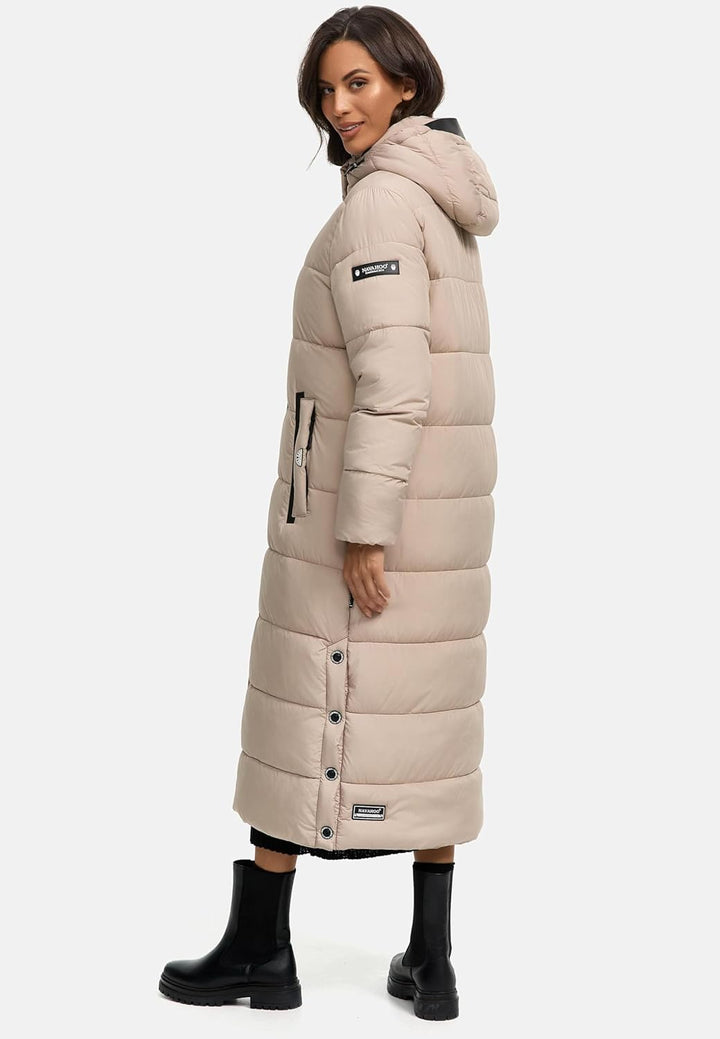 Navahoo Damen Wintermantel warmer Steppmantel lang mit abnehmbarer Kapuze Isalie XS-3XL XXL Taupe, X