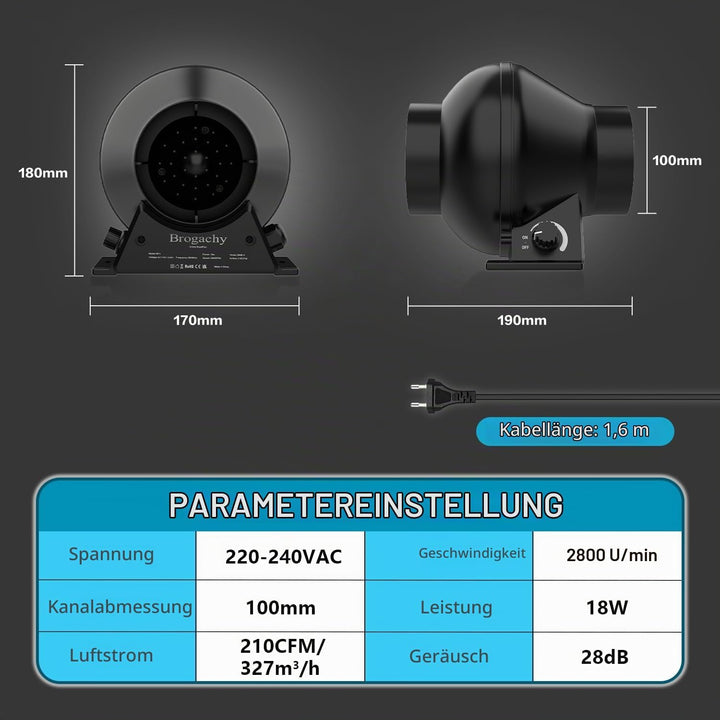 Regelbar Rohrventilator 100mm,Rohrlüfter 357m³/h, EC-motor, Abluftventilator 18W,2800 RPM, für Heizu