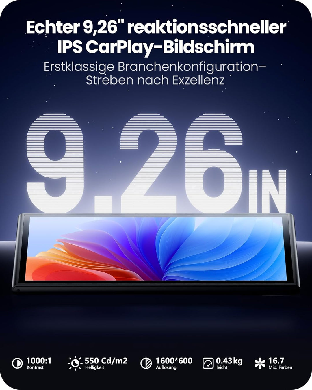 9,26" Wireless Car Play Display für Apple CarPlay & Android Auto – Tragbares Auto-Display mit Rückfa