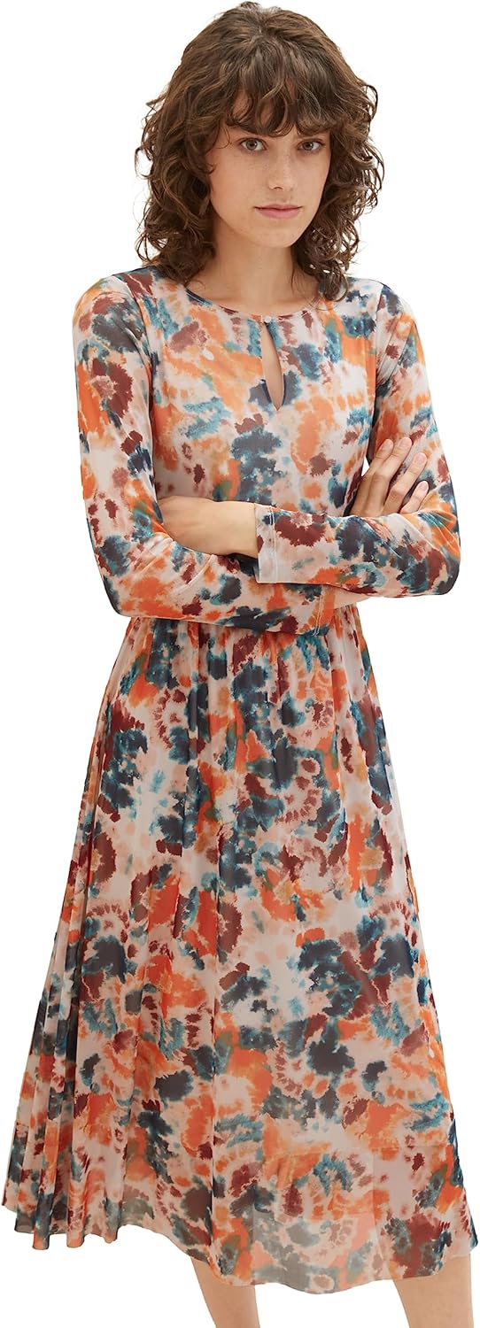 Tom Tailor Damen 1037927 Mesh Kleid mit Muster (1er Pack) 34 32367 - Grey Orange Tie Dye Floral, 34