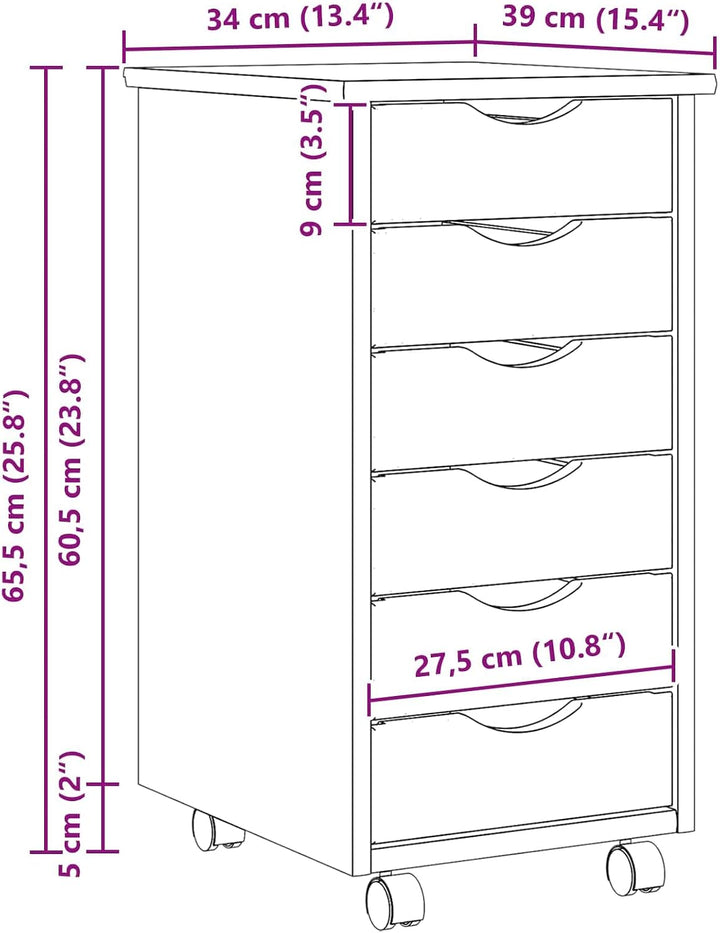 vidaXL Rollcontainer mit Schubladen MOSS 34 x 39 x 65,5 cm Klarlack Braun 34 x 39 x 65,5 cm, Braun 3
