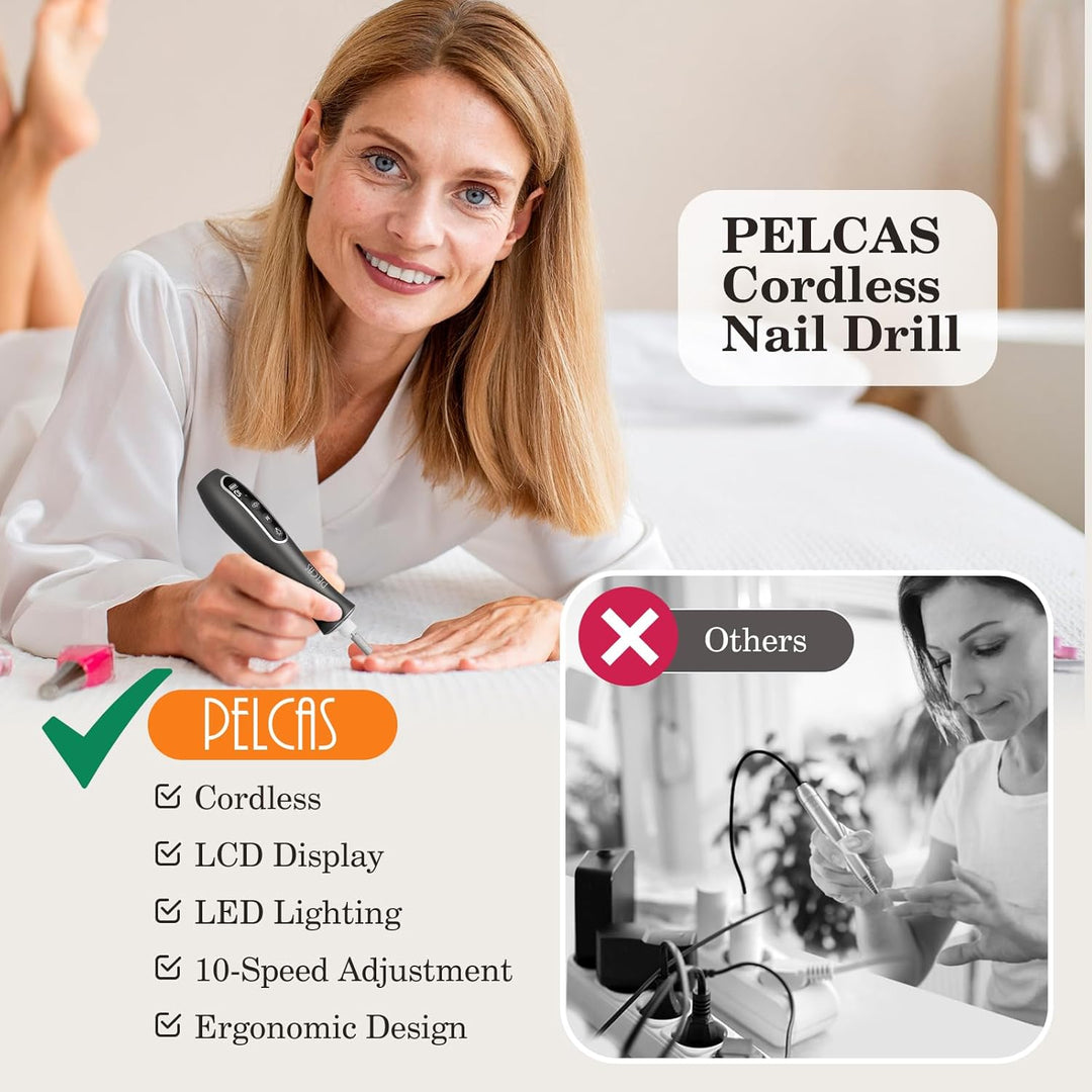 PELCAS Elektrische Nagelfräser 10 Geschwindigkeiten Schnurloser Nagelbohrer Professionell Nagelschle