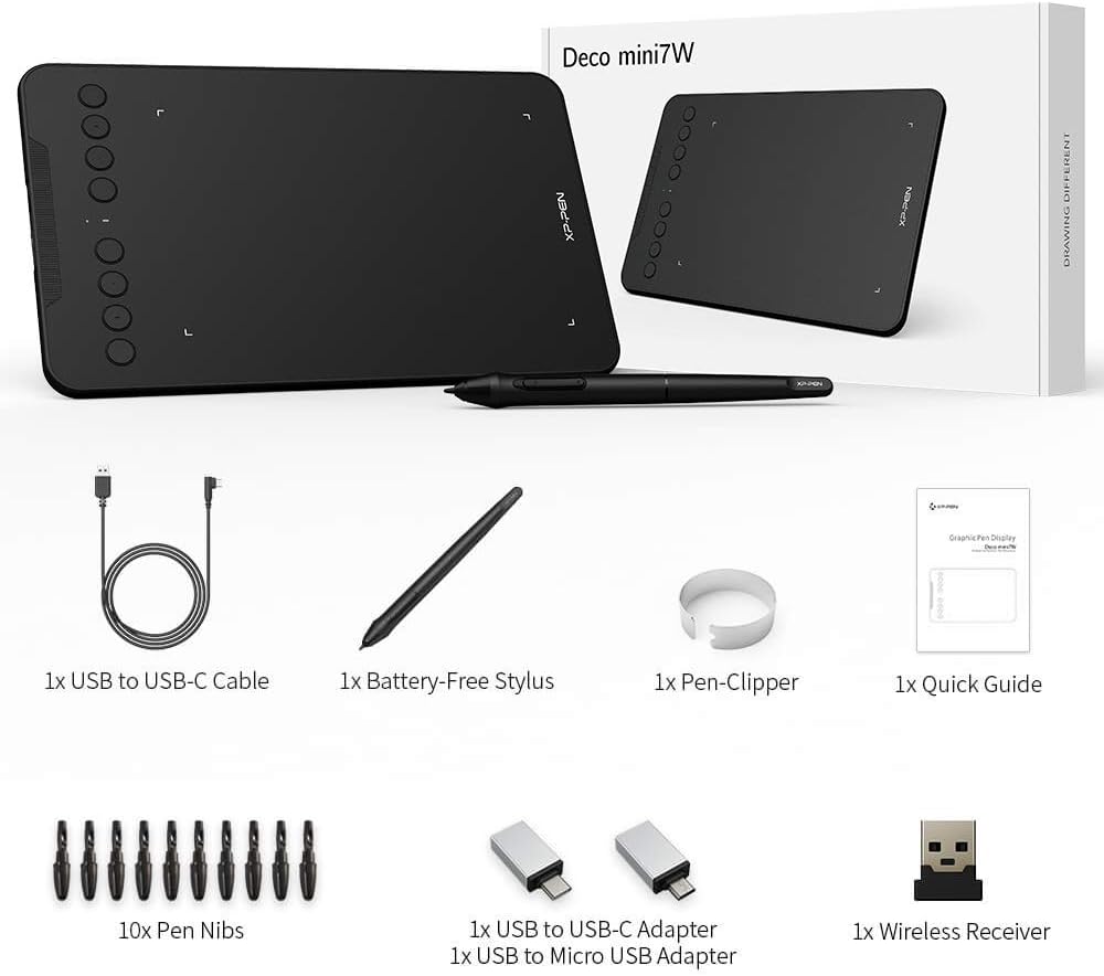 XP-PEN Deco Mini 7W Grafiktablett, 7,03''x4,38'' Pad, 2.4G Wireless Stift Tablett, zum Zeichnen, Des