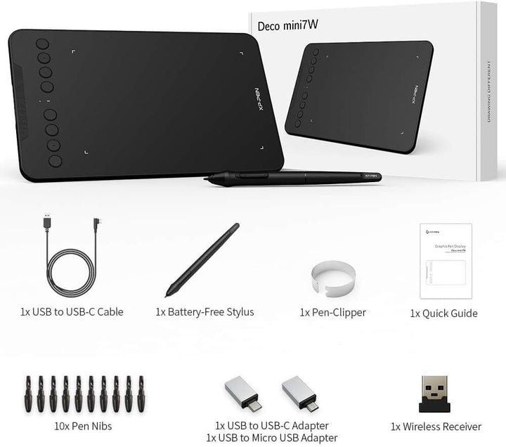 XP-PEN Deco Mini 7W Grafiktablett, 7,03''x4,38'' Pad, 2.4G Wireless Stift Tablett, zum Zeichnen, Des