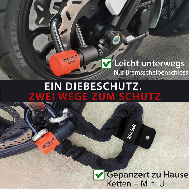 KRASER KR50150 Kettenschloss Schloss Motorrad-Scheibensperre gegen Diebstahl Mini U ø18 + Kette 150