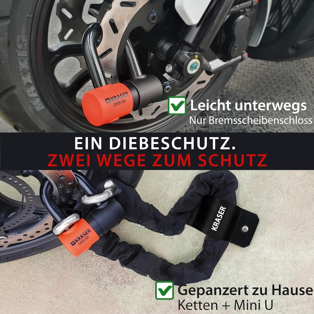 KRASER KR50150 Kettenschloss Schloss Motorrad-Scheibensperre gegen Diebstahl Mini U ø18 + Kette 150