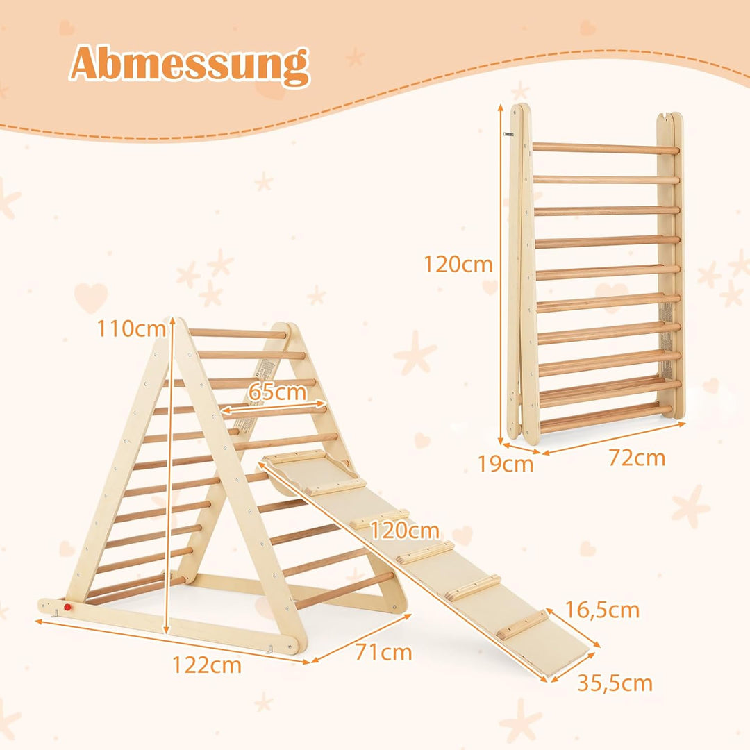 DREAMADE Kletterdreieck mit Rampe, klappbar Kletterspielzeug Holzdreieck aus Massivholz, Indoor Klet