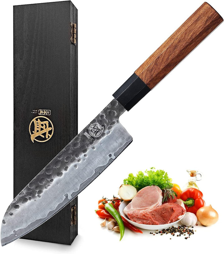 MITSUMOTO SAKARI Handgeschmiedetes Küchenmesser, Hochkohlenstoffstahl Scharfe Kochmesser, 19 cm Sant