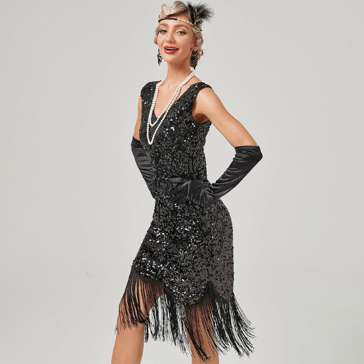 FYMNSI Damen 1920er Jahre V-Ausschnitt Pailletten Fransen Kleid Flapper Charleston Kleider Cocktailk