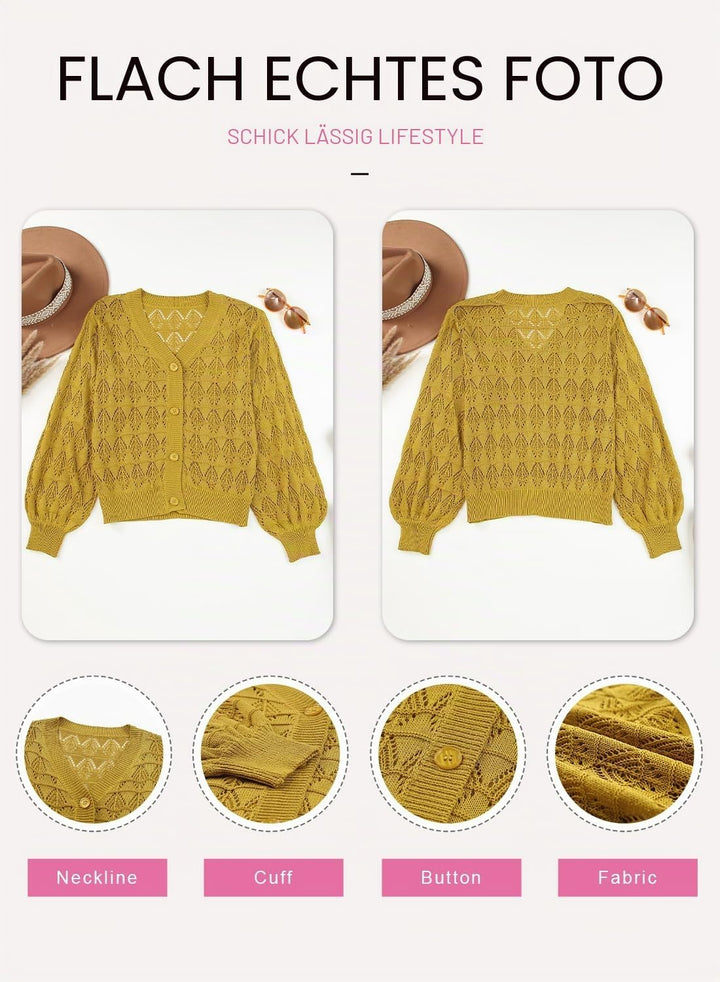 Dokotoo Damen Strickjacke V-Ausschnitt Kurzer Cardigan Elegant Langarm Leichter Strickpullover mit K