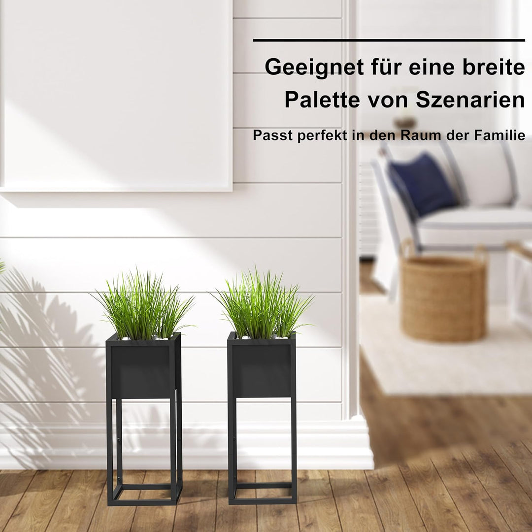 Blumenständer Metall Schwarz 2er Set, mit Gestell, Wohnzimmer & Flur, eckiger Pflanztopfständer(Schw