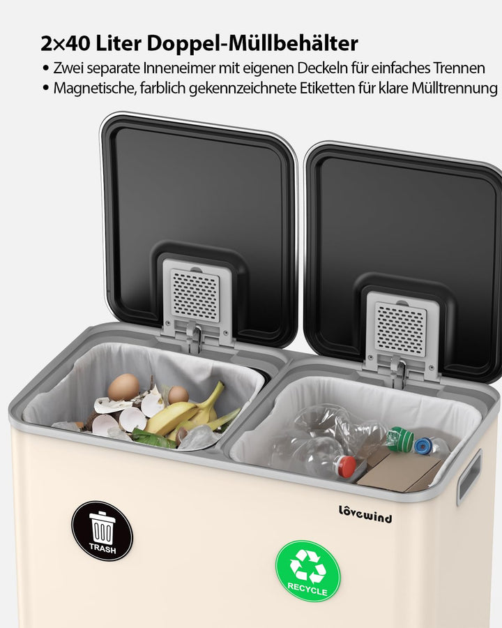lovewind Mülleimer, 2 x 40L Mülleimer Küche,Doppeleimer für Recycling und Abfall,Soft Beige,Mülleime