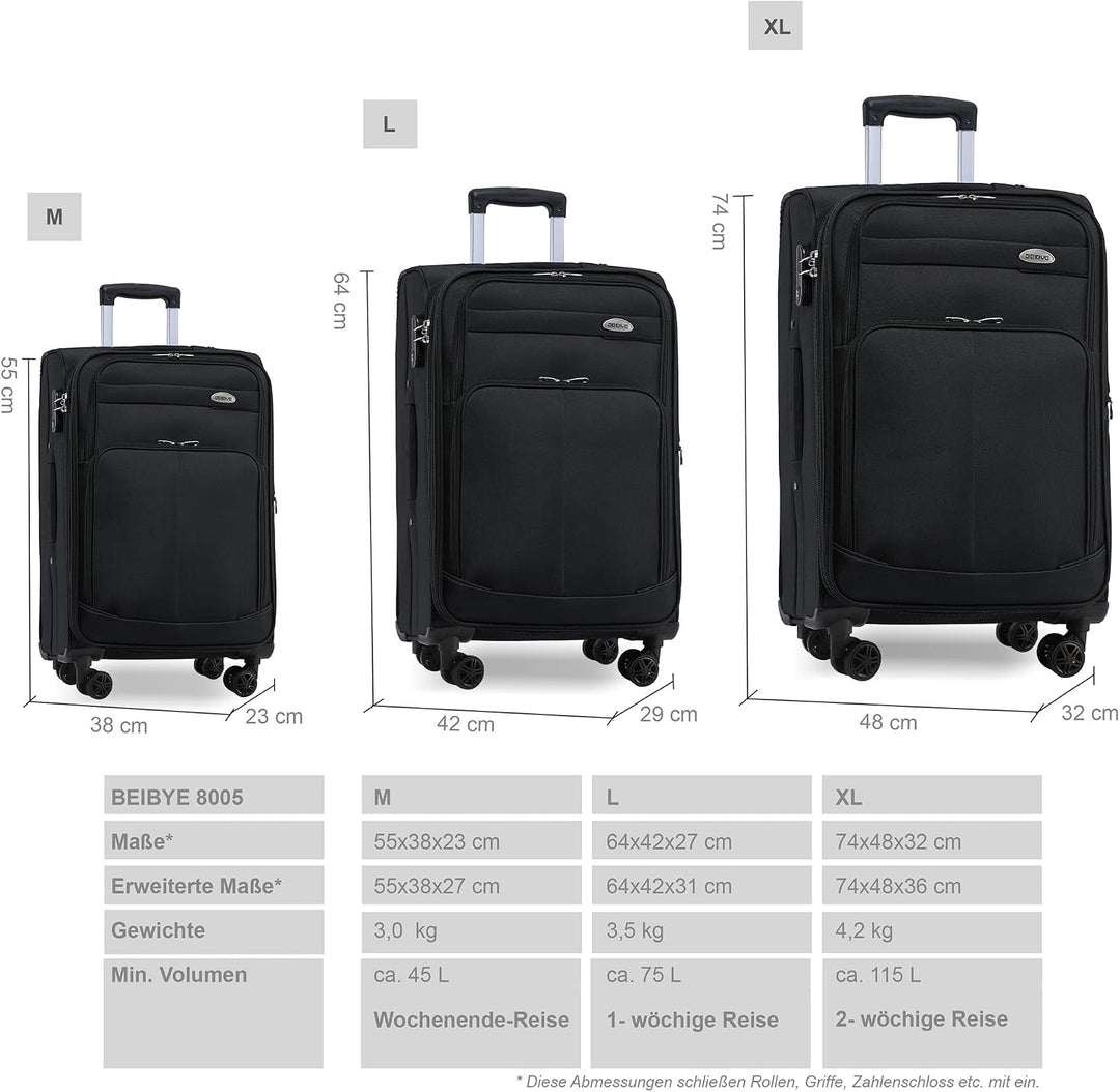 BEIBYE Kofferset Trolley Gepäckset Stoff Dehnungsfuge Koffer Reisekoffer (Schwarz)