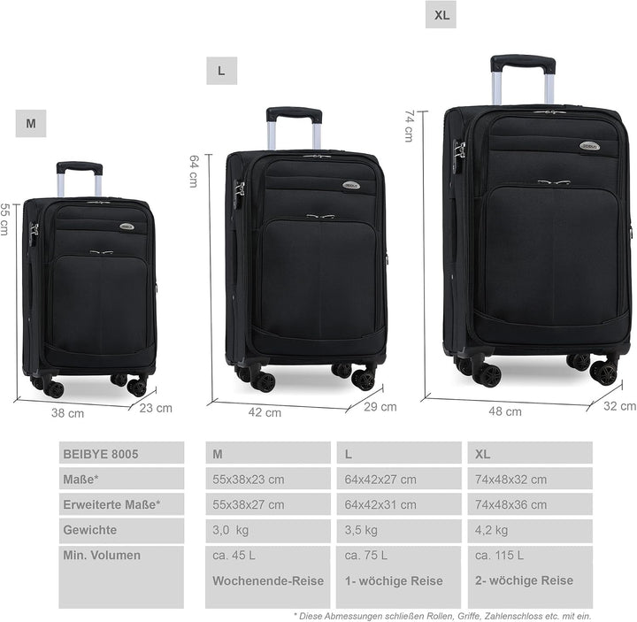 BEIBYE Kofferset Trolley Gepäckset Stoff Dehnungsfuge Koffer Reisekoffer (Schwarz)