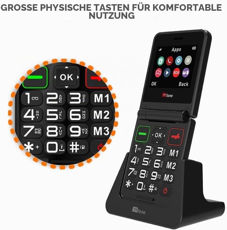 TTfone Klapphandy TT660 mit faltbarem Design, grossen Tasten, Notruf, Langer Akkulaufzeit und 3G & 4